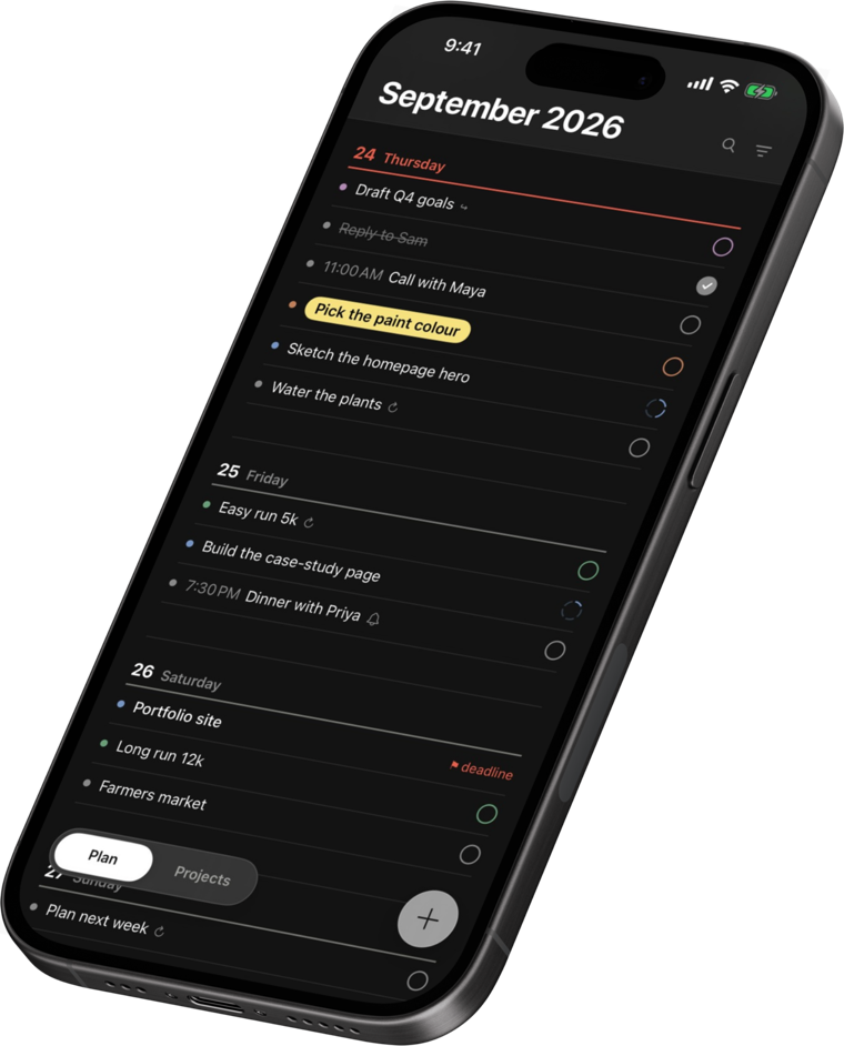 The same kata week in dark mode: Thursday the 24th highlighted as today, with tasks, a priority highlight and a repeat