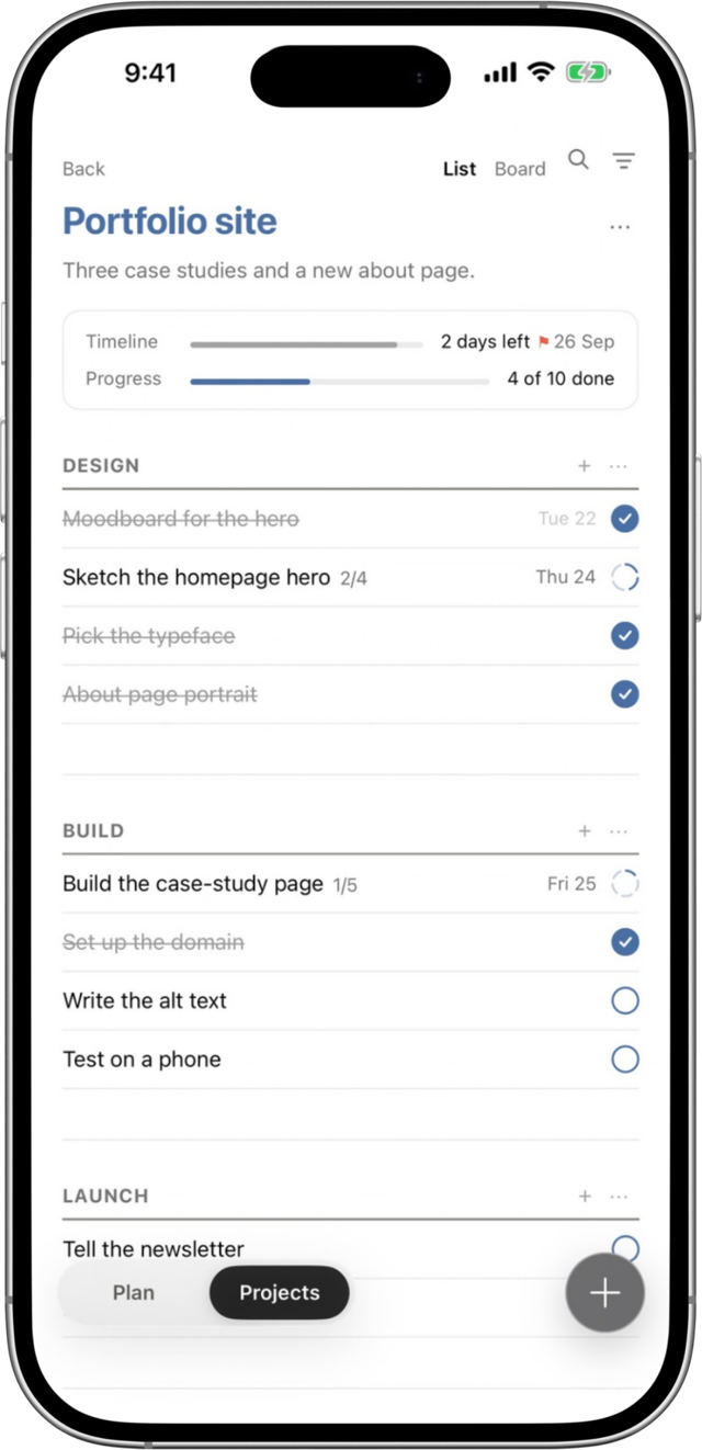 A kata project called Portfolio site, with a timeline, a progress bar and Design, Build and Launch headings