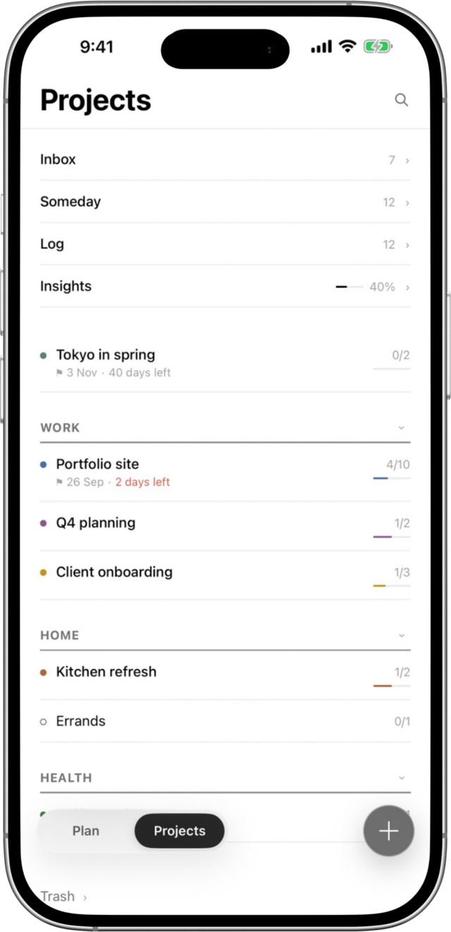 kata Projects screen with Inbox, Someday, Log and Insights, and projects grouped under Work, Home and Health