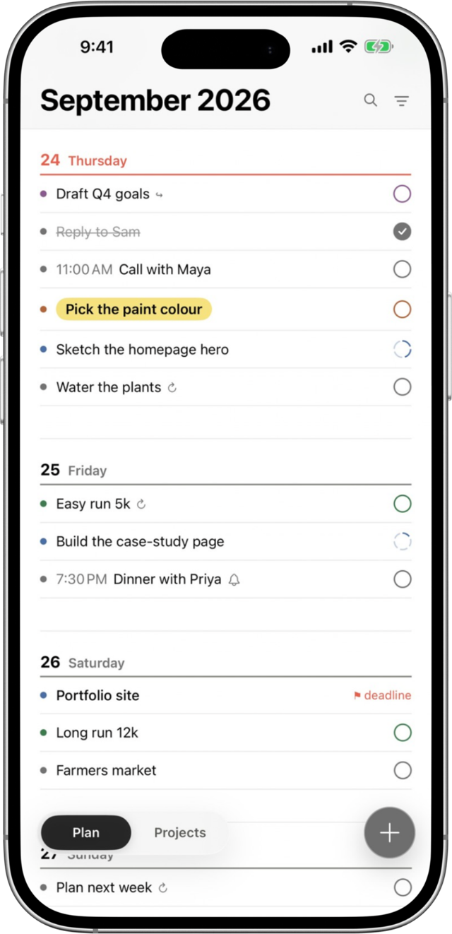 kata week view on iPhone showing Thursday, Friday and Saturday tasks