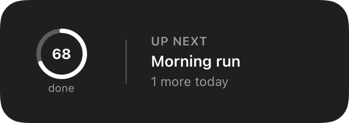 The two lock screen widgets: the score as a ring at 68, and Up next, Morning run, one more today